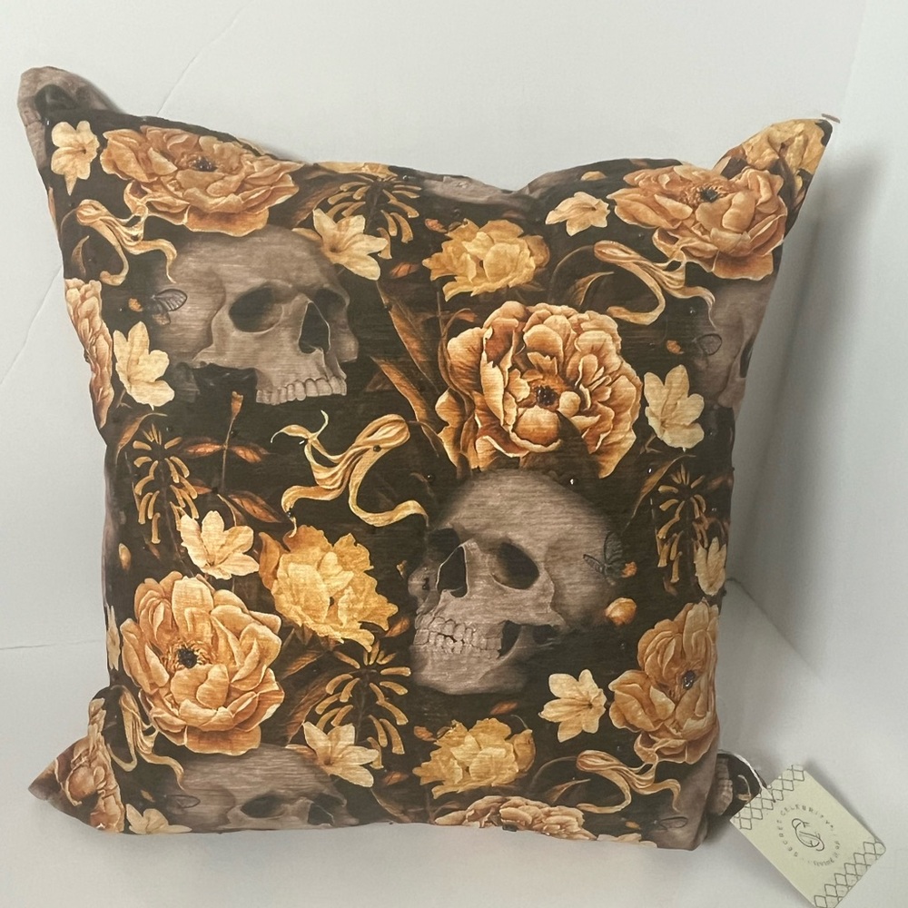 Floral Skull Accent Pillow - Brown and Gold